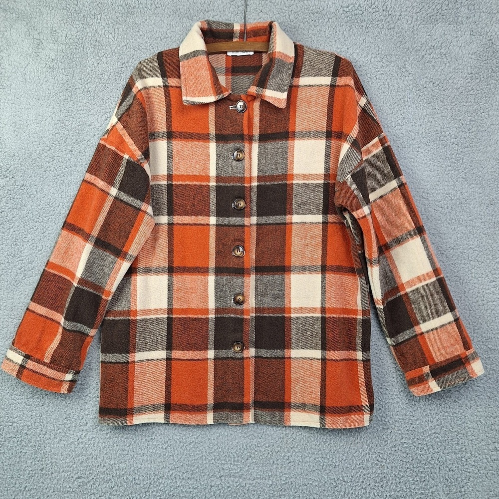 Adele B Jacket Womens Medium Orange Plaid‎ Flannel Shacket Oversized Cabincore